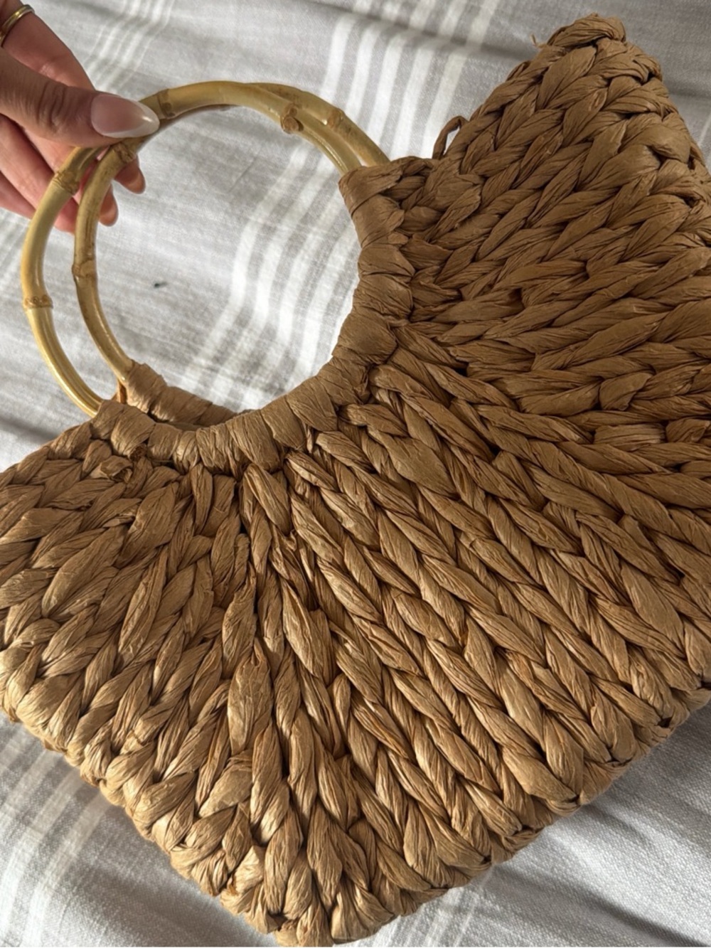 Woven Straw Tote Bag with Bamboo Handles - Brown